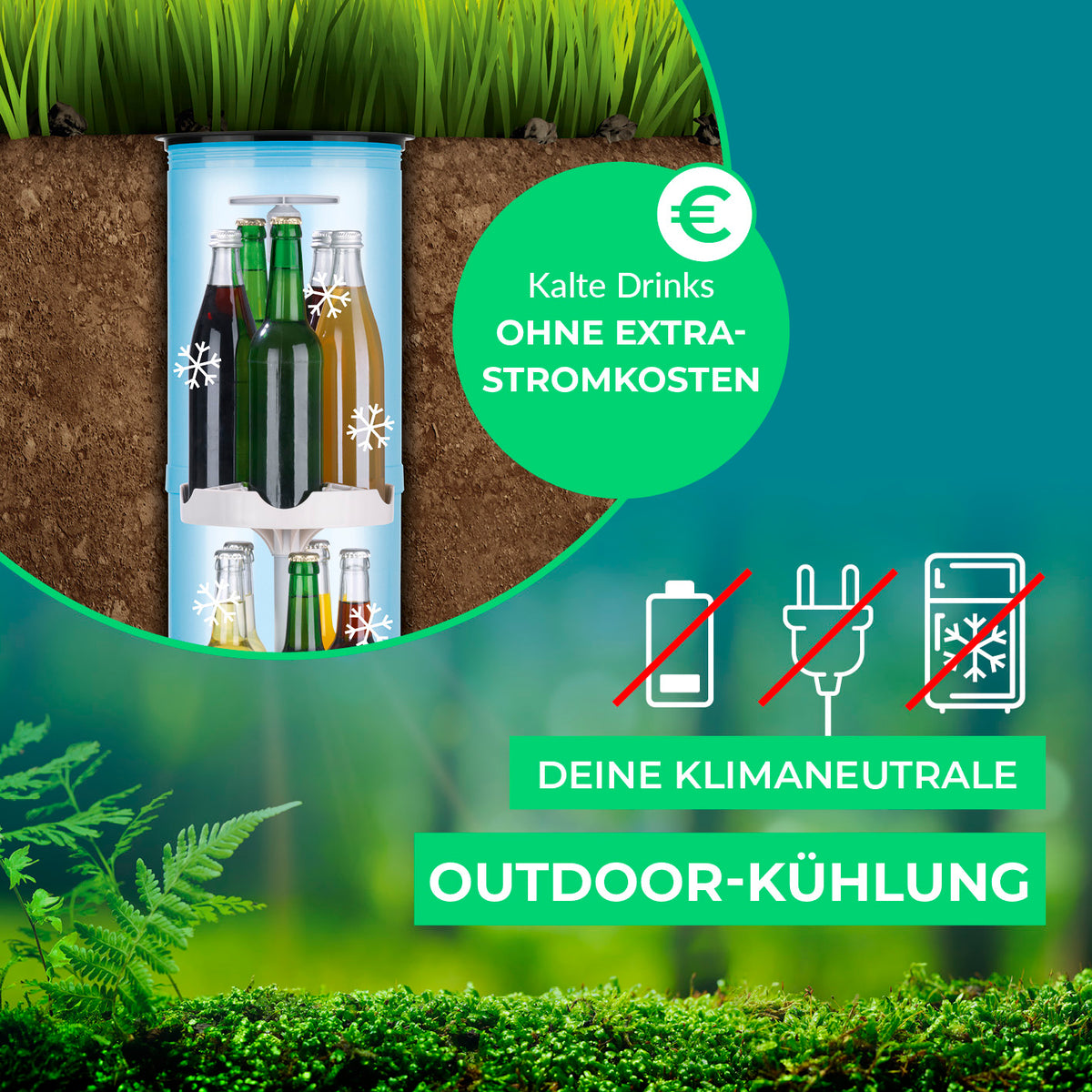 Outdoor-Flaschenkühler mit bis zu 13 Flaschen, stromlose, klimaneutrale Outdoor-Kühlung ohne Extra-Stromkosten.