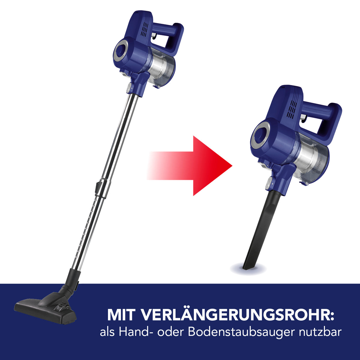 Akku-Zyklon-Staubsauger - blau/silber mit verlängerbarem Teleskoprohr, als Hand- oder Bodenstaubsauger vielseitig einsetzbar.