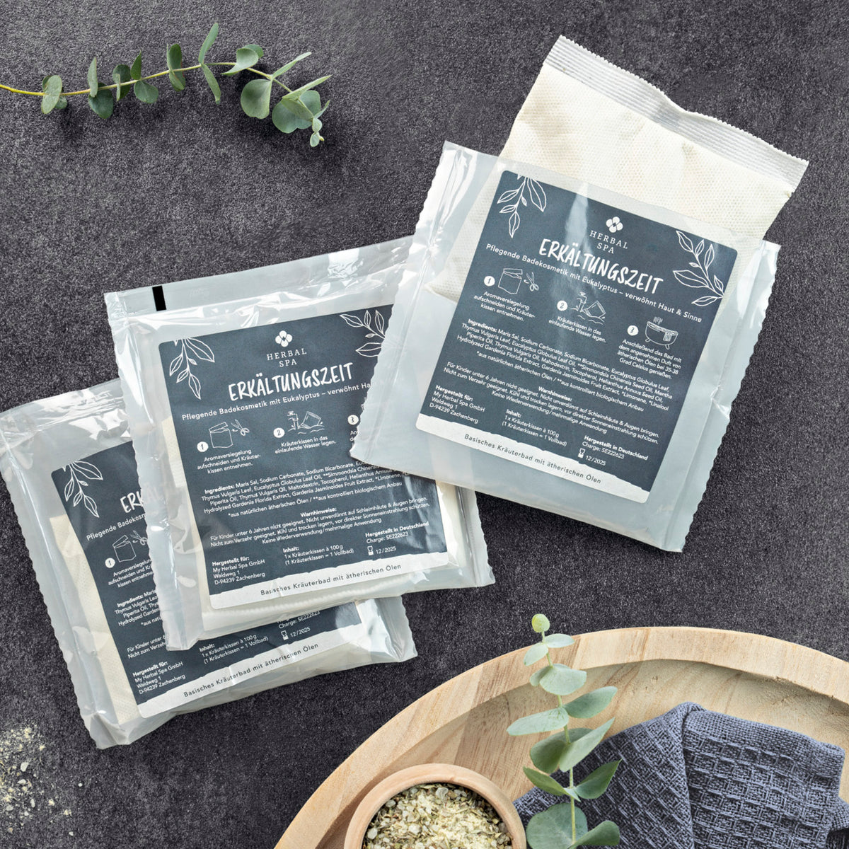 Basisches Kräuterbad mit ätherischen Ölen - Erkältungszeit & Entspannungszeit - 6er-Set, natürliche Badekosmetik ohne Zusatzstoffe.
