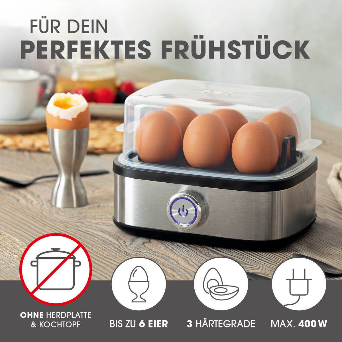 Design-Eierkocher für 6 Eier mit Timer und Eierstecher, ideal für perfekte Frühstückseier ohne Herd und mit drei Härtegraden.