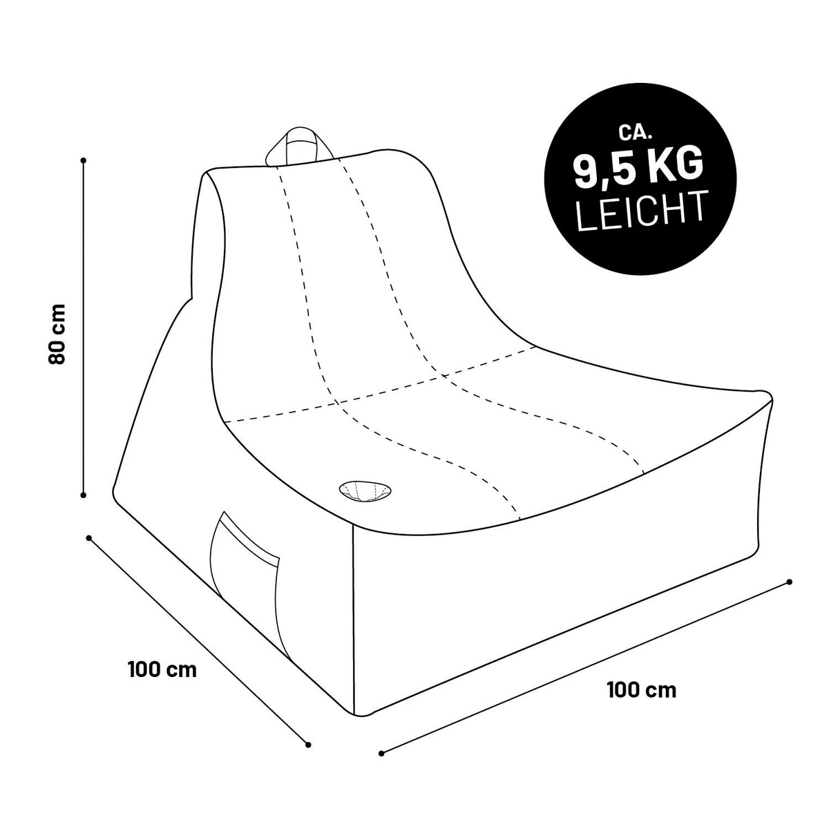 Premium Lounge-Sessel - 380 L - 100 x 100 x 80 cm - Navyblau mit Seitentasche, Getränkehalter und leichtem Gewicht von ca. 9,5 kg.