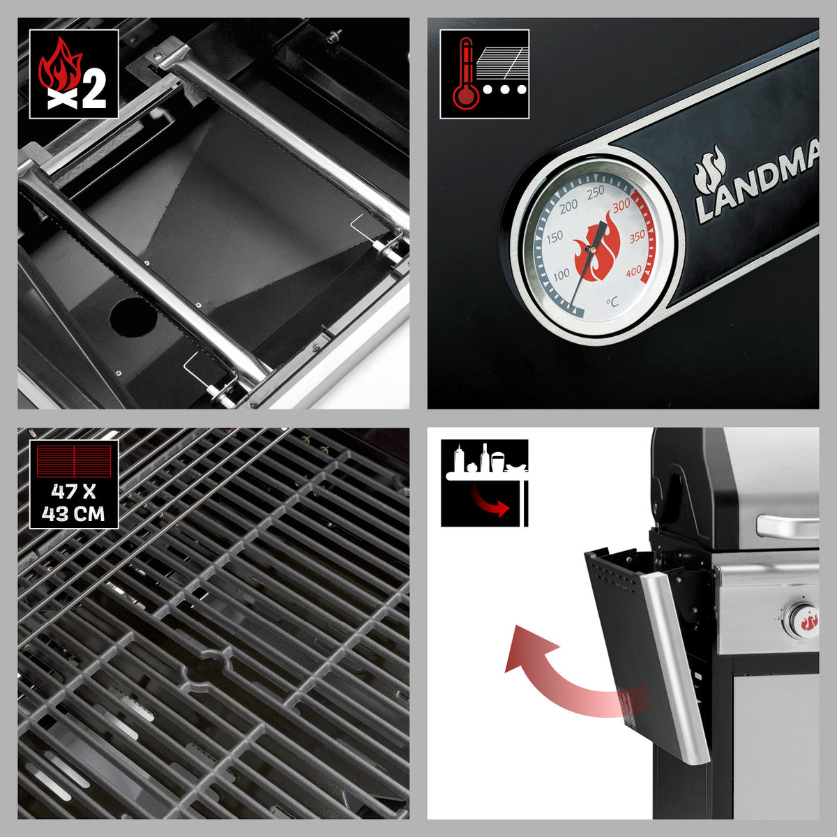 Gasgrill Triton PTS 2.0 - silber mit 2 Edelstahl-Brennern, emailliertem Gusseisenrost und Temperaturanzeige im doppelwandigen Deckel.