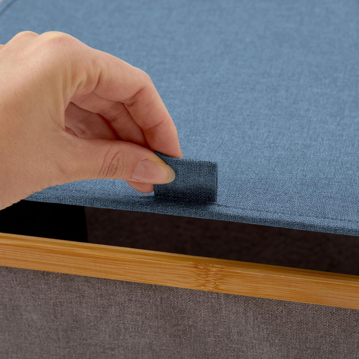 Aufbewahrungsbox mit Bambus-Rahmen - 3er-Set - Grau/Blau faltbare Box mit Deckel und praktischem blauen Griff aus Stoff