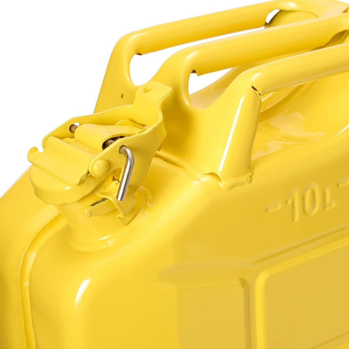 Kraftstoffkanister Metall - 10 Liter - gelb mit UN-Zulassung, pulverbeschichtet, auslaufsicherem Bügelverschluss und korrosionsgeschützt.