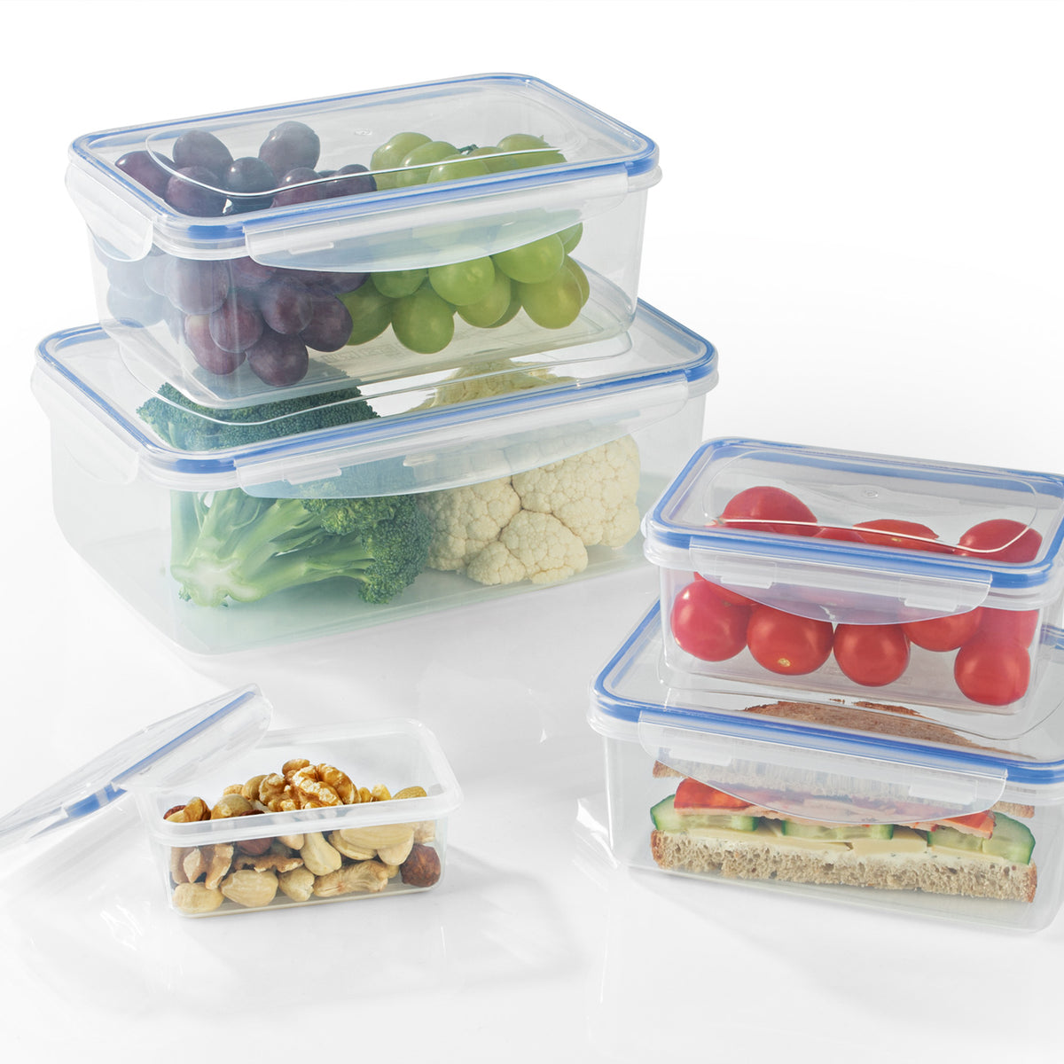 Frischhaltedosen Klick-it 10-tlg. transparent/blau, stapelbar, mikrowellen- und gefrierschrankgeeignet, vielseitig für Gemüse und Snacks.