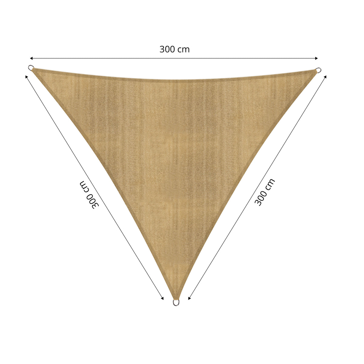 Sonnensegel 100% HDPE mit Stabilisator für UV-Schutz Dreieck 3 x 3 x 3 Meter in Sandfarbe mit Befestigungsringen und Maßen.