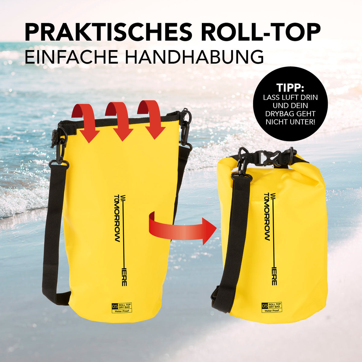 Dry Bag 5L - Style 02 - Gelb mit wasserdichtem Rolltop, robustem Schultergurt und praktischem Verschluss für Outdoor-Abenteuer.