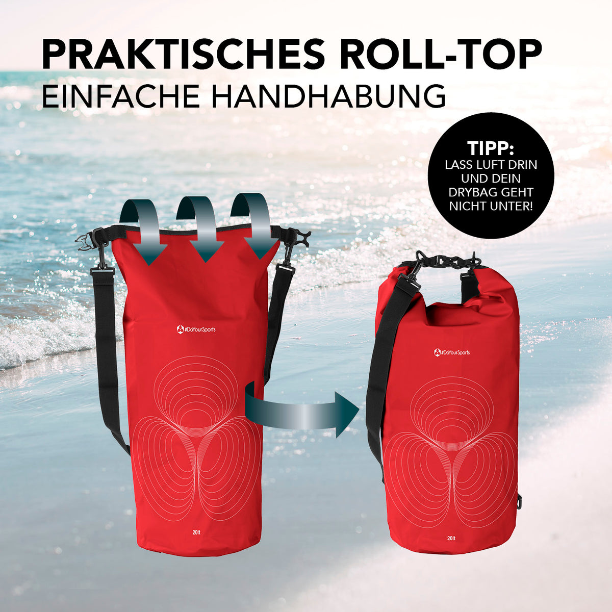 Dry Bag 20L - Rot mit wasserdichtem Rolltop-Verschluss, verstellbarem Schultergurt und robustem Material für Outdoor-Abenteuer.