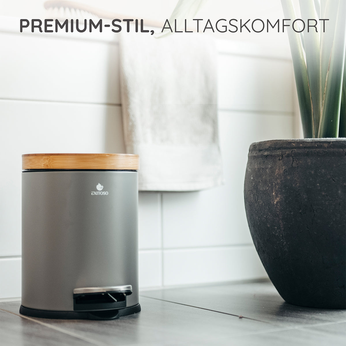 Tretmülleimer mit Softclose-Deckel - 5 l - Grau, kompakt mit Bambusdeckel und geräuschloser Softclose-Funktion im modernen Design.