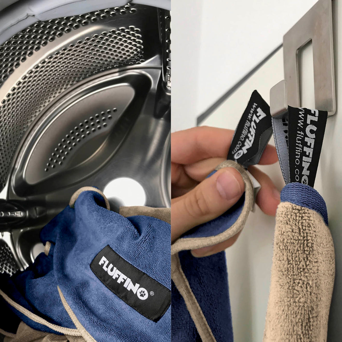 Hundehandtuch Mikrofaser – 4er-Pack Beige & Blau, extra saugfähig, schnell trocknend, weich, handlich mit FLUFFINO-Label.