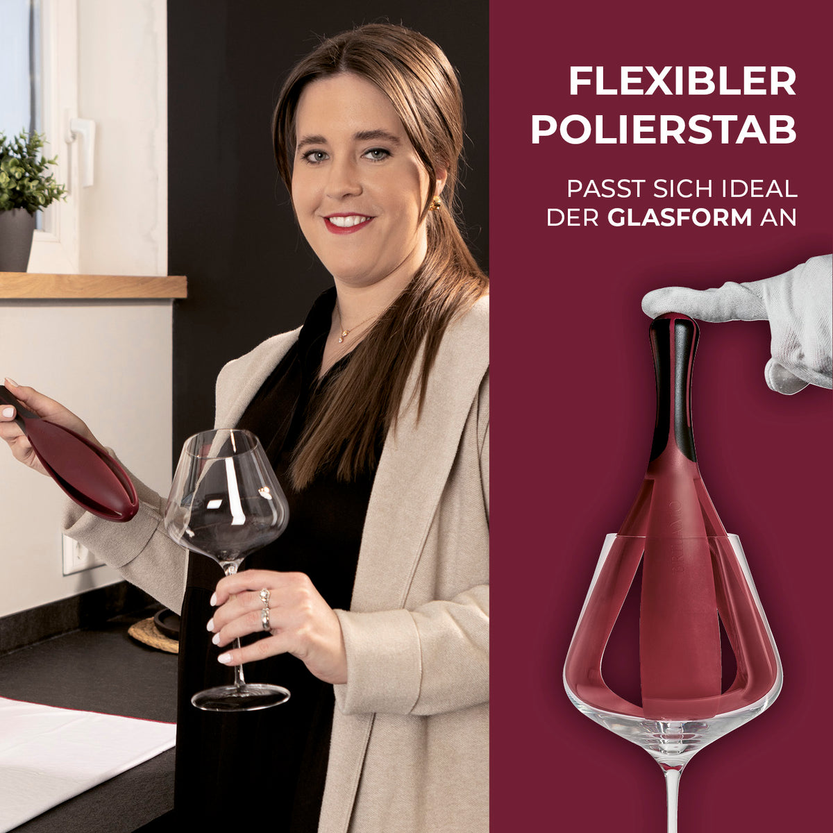 Weinglaspolierer inkl. Poliertuch zum schlierenfreien Polieren und idealer Anpassung an verschiedene Glasformen.