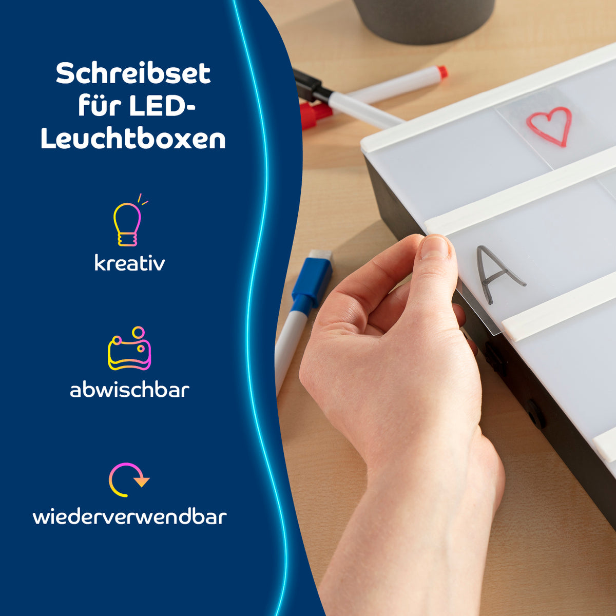 LED-Leuchtkasten A4 mit 173 Buchstaben, Zahlen & Symbolen & 150 bunten Mood Pics inkl. Schreib-Set für kreative Botschaften.