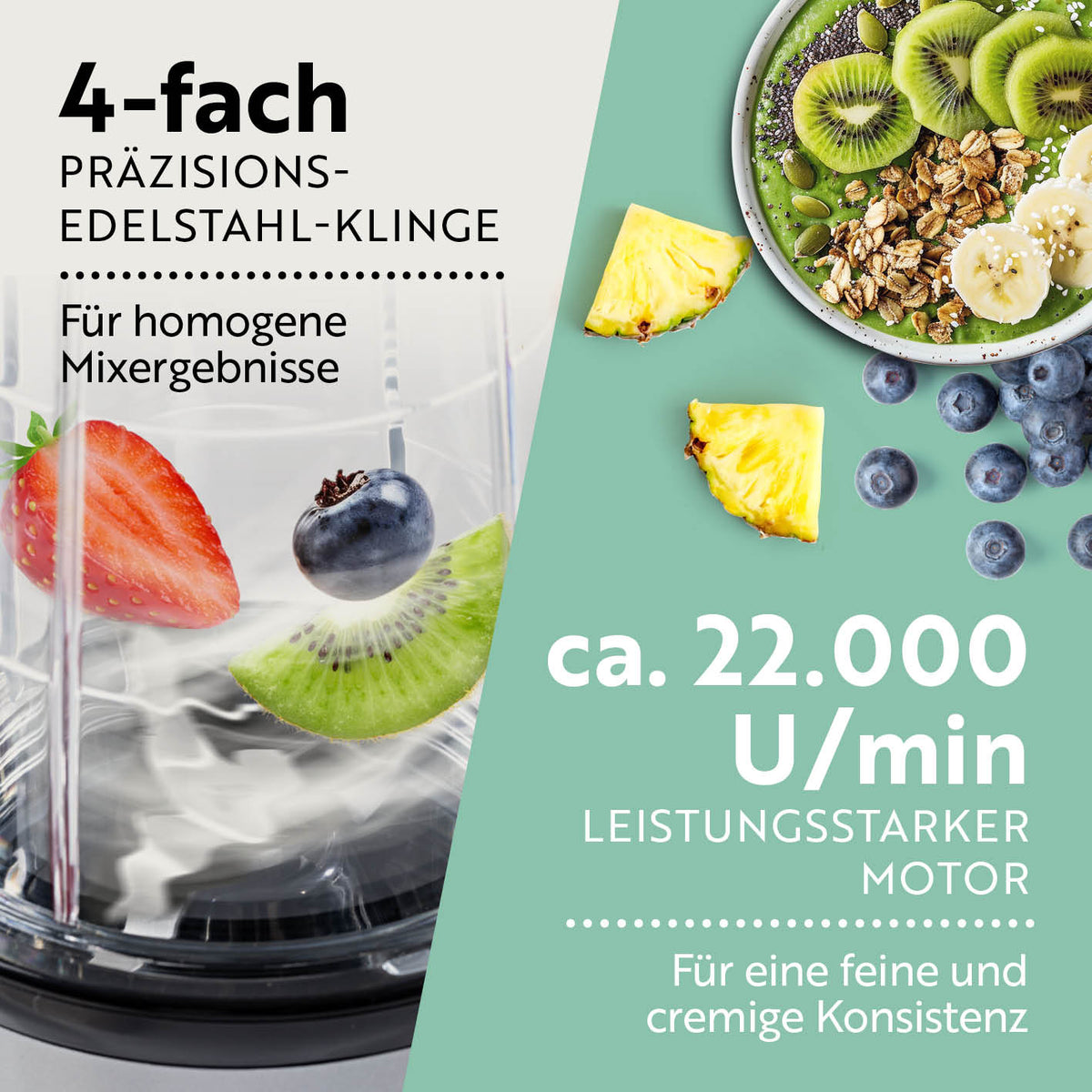 Mr. Magic Power 400 Pro mit Zubehörset L - Silber/Schwarz mit 4-fach Edelstahlklingen und 22.000 U/min für feine Mix-Ergebnisse.