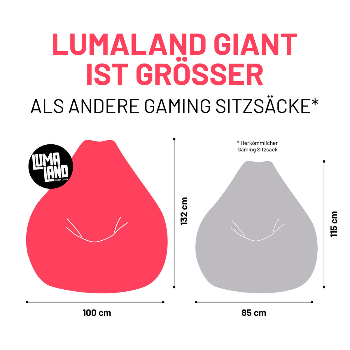 Vergleichsitzzsack mit Maßen 100x132 cm und 85x115 cm, zeigt Größe vom Sitzsack GIANT aus der Cord-Reihe - Senfgelb.