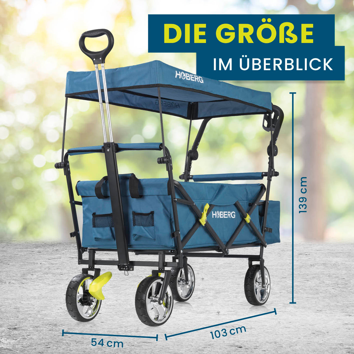 Faltbarer Bollerwagen - Blau mit wasserfestem Dach, stabilem Rahmen und praktischen Maßen für bequeme Ausflüge und bis zu 80 kg Belastung.