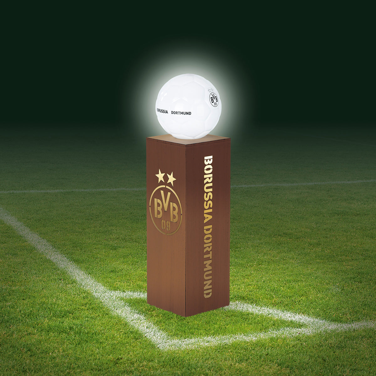 LED-Dekosäule Rost-Optik mit Leuchtkugel - 84 cm - braun mit Borussia Dortmund Logo und Fußball-LED-Licht, akkubetrieben, für Innen und Außen.