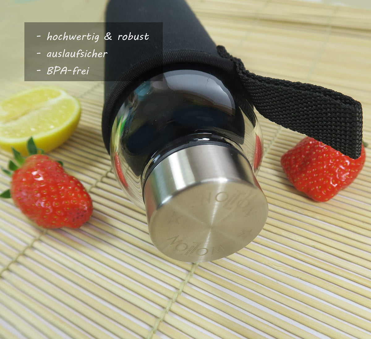 Trinkflasche 1 L - Schwarz mit Neoprenhülle, hochwertigem Edelstahl-Deckel, auslaufsicher und BPA-frei für unterwegs oder Zuhause.