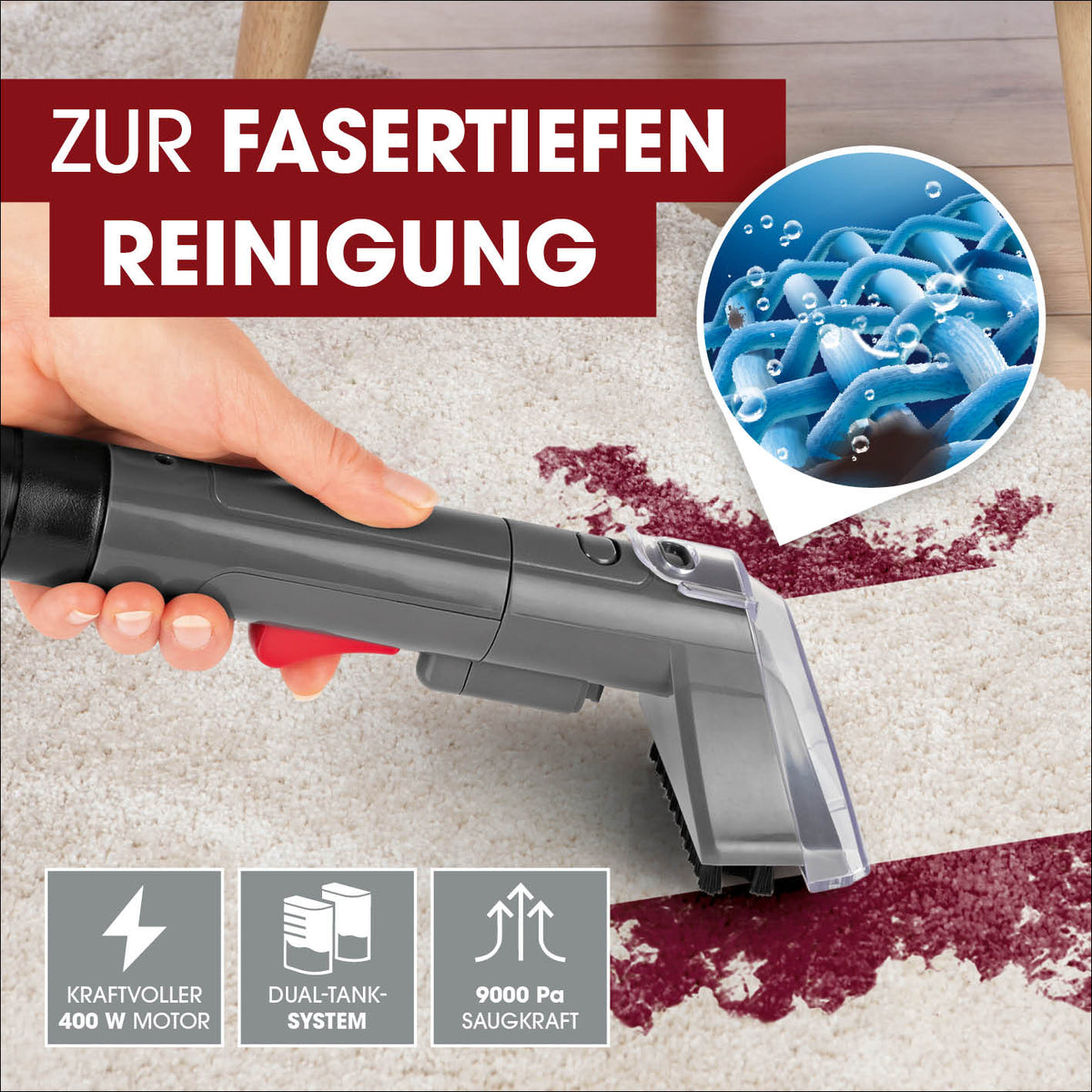 Polster- & Teppichreiniger von CLEANmaxx mit 400W Motor, Dual-Tank-System und 9000 Pa Saugleistung für fasertiefe Reinigung.