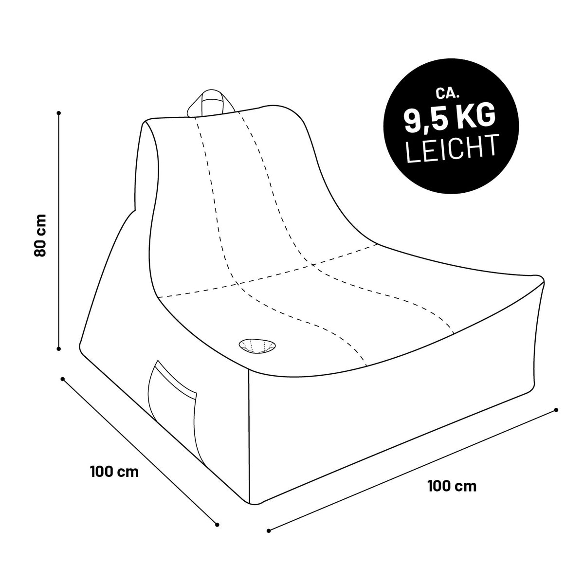 Premium Lounge-Sessel - 380 L - 100 x 100 x 80 cm - Beige mit Trageschlaufe, Seitentasche und Getränkehalter, ca. 9,5 kg leicht, wetterfest.