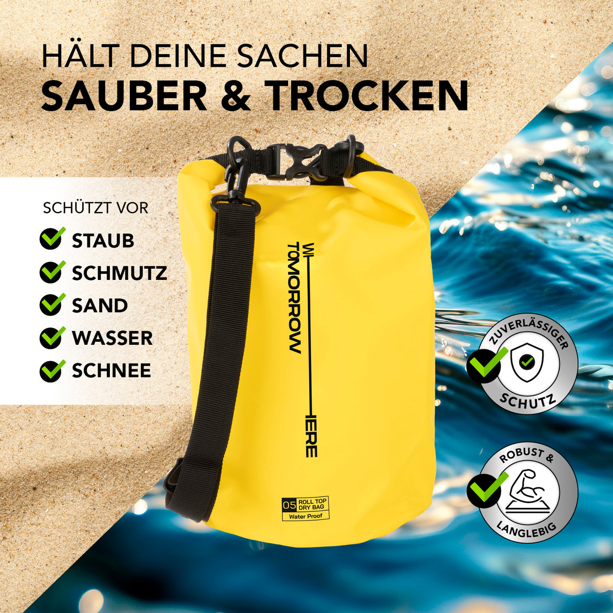 Dry Bag 5L - Style 02 - Gelb wasserdichter, robuster Outdoor-Rucksack mit Rolltopverschluss zum Schutz vor Wasser, Sand, Staub und Schmutz.