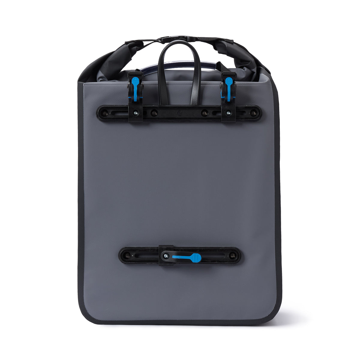 Fahrrad Gepäck Tasche wasserfest - Gepäckträger Packtasche 23L in Grau mit reflektierenden Bändern, Schulterriemen und Tragegriff.
