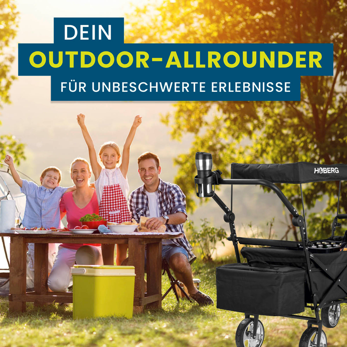 Faltbarer Bollerwagen - Schwarz mit stabilem Nylonbezug, Kühltasche, wasserfestem Dach und 360°-Rädern für Outdoor-Ausflüge bis 80 kg.