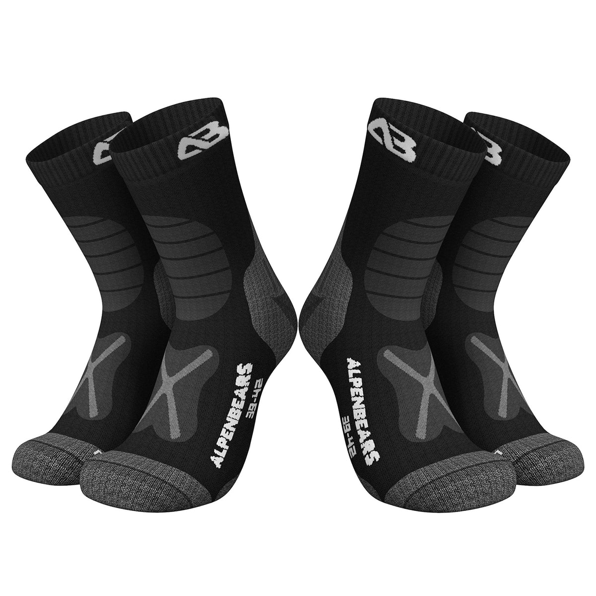 Wandersocken Merinowolle - 2er-Set - Schwarz - Größe 31-34 mit Polsterung, feuchtigkeitsregulierend und anti-Blasen für Wanderungen und Alltag.