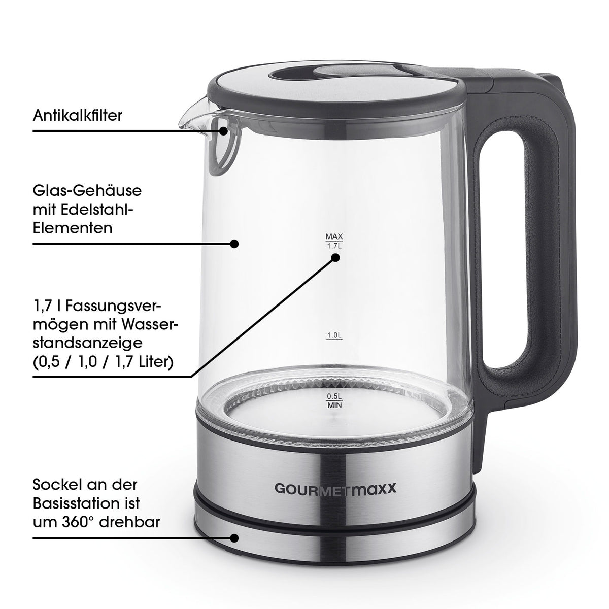 Glas-Wasserkocher LED 1,7l Edelstahl/schwarz mit Wasserstandsanzeige, Antikalkfilter, 360° drehbarem Sockel und Edelstahl-Elementen.