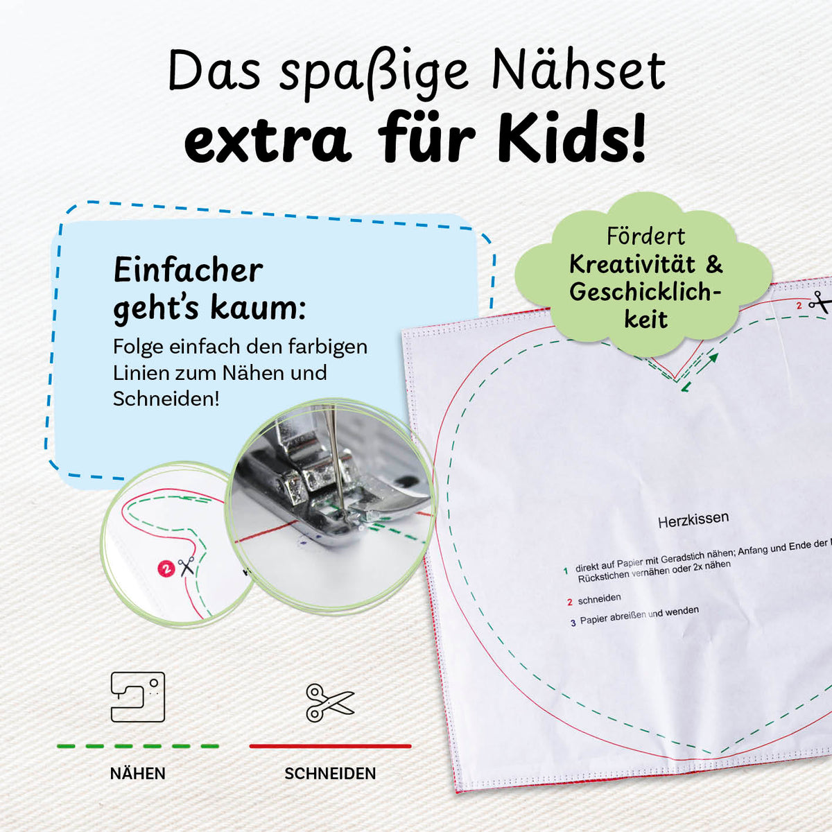Näh-Baukastenset Motiv Herz Liebling zeigt kindgerechtes Nähen und Schneiden mit farbigen Linien für kreative Kinder ab 5 Jahren.
