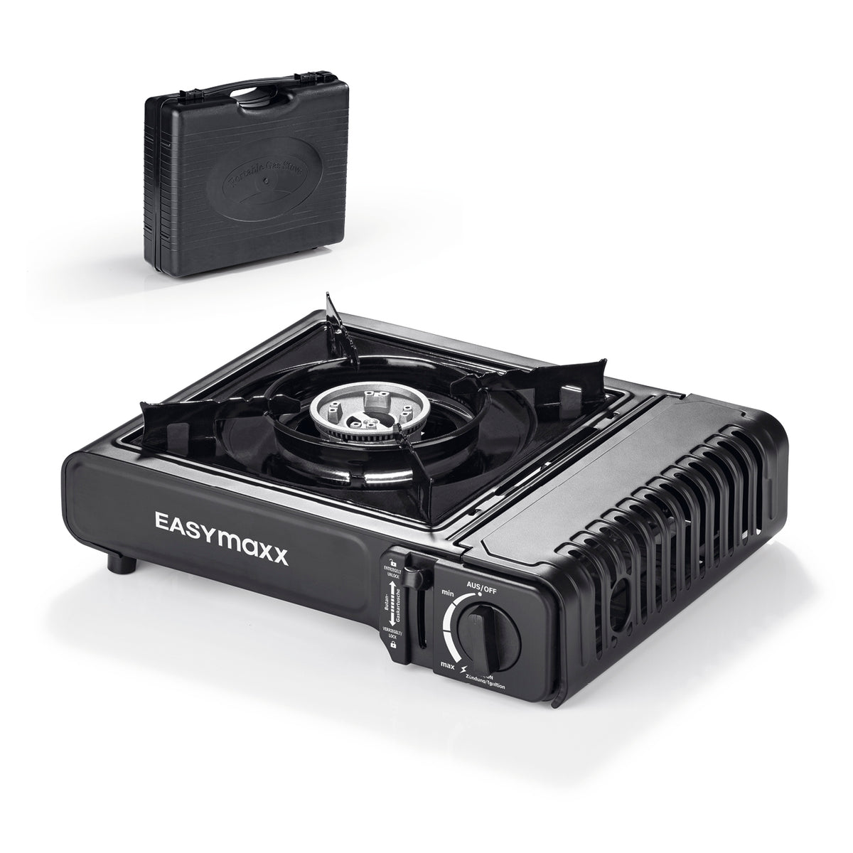 Gaskocher tragbar 2500W - Schwarz mit stabilem Metallgehäuse, stufenloser Regulierung und automatischer Piezozündung, inklusive Transportkoffer.