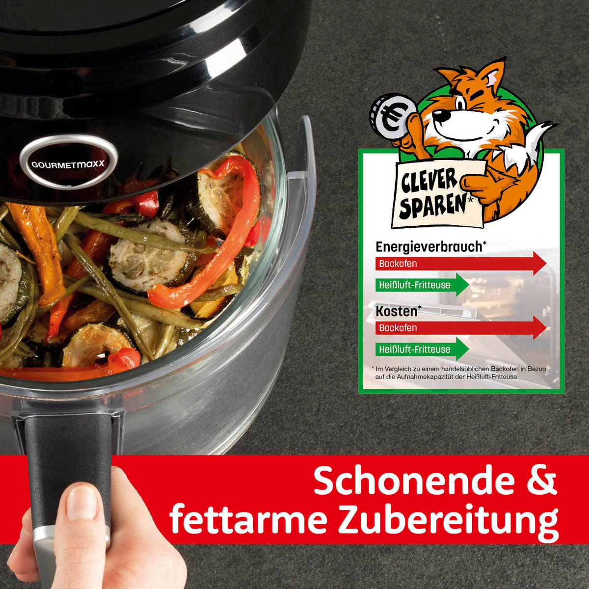 Heißluft-Fritteuse Digital mit Glas-Garkorb 3,3 l schwarz mit digitalem Touch-Display und 60-Minuten-Timer für fettarmes Garen.