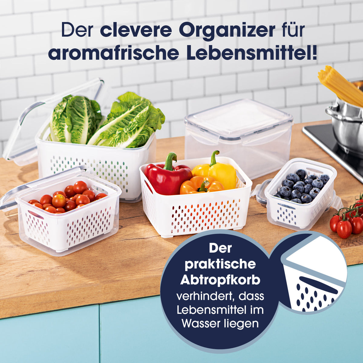 Frischhaltedosen für Kühlschrank mit Abtropfsieb in 4 Größen, luftdicht, auslaufsicher, separat Feuchtigkeit für aromafrische Lebensmittel.