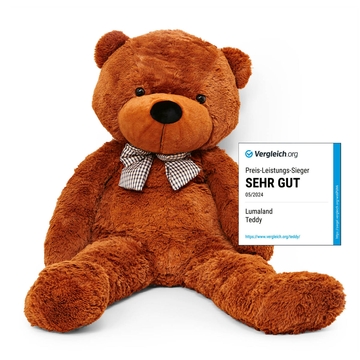 XXL-Teddy mit Knopfaugen 120 cm Braun, flauschig, robust und ideal als Geschenk für Kuschelmomente und Trostspender.
