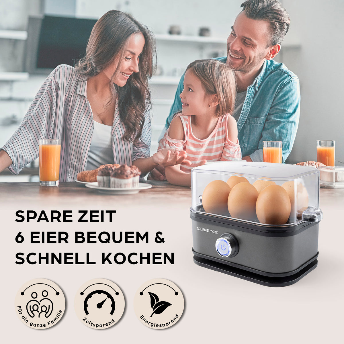 Design-Eierkocher 6 Eier - Anthrazit für schnelles Eierkochen, energiesparend und ideal für Familienfrühstück zu Hause oder unterwegs.