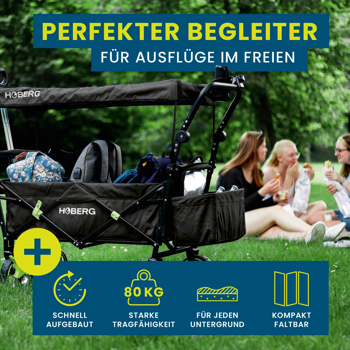 Faltbarer Bollerwagen - Schwarz mit stabilem Nylonbezug, 80 kg Traglast, wasserfestem Dach und praktischem Griff für Ausflüge im Freien.