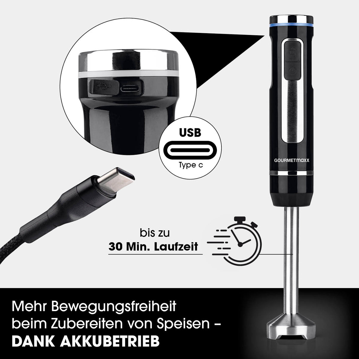 Akku-Stabmixer mit XL-Zubehör-Set, kabellos, USB-C aufladbar, bis zu 30 Min. Laufzeit, Edelstahlklingen, BPA-frei.
