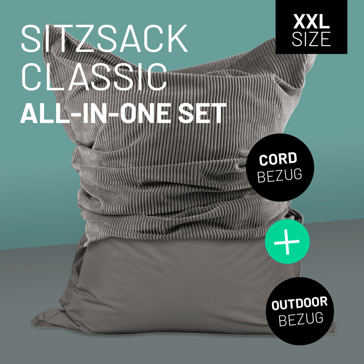 Sitzsack Classic XXL All-in-One Set - 380 L - 140 x 180 cm - Grau mit Cord- und Outdoor-Bezug, wetterfest und vielseitig einsetzbar.