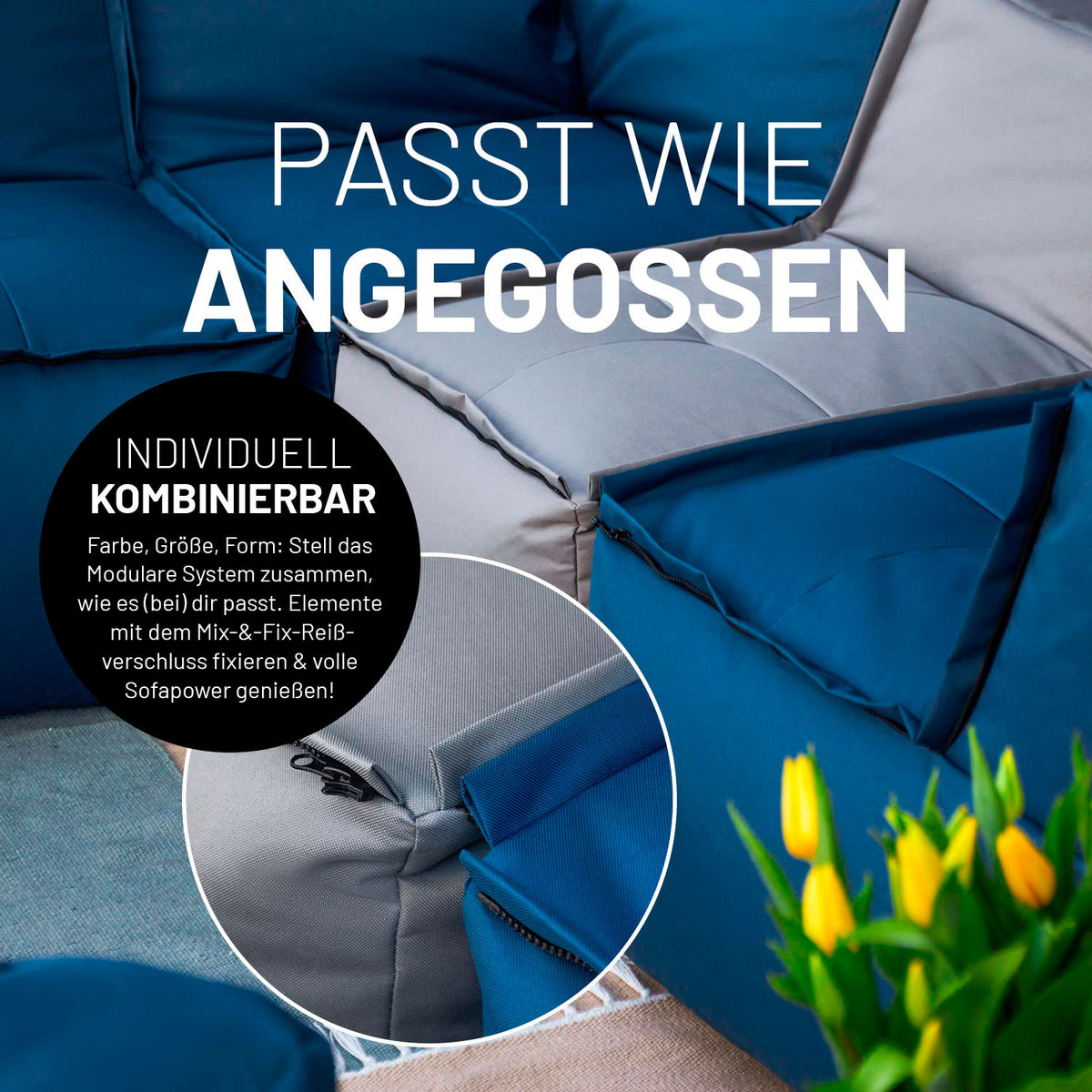 Sitzsack-Sofa Ecke (340 L) in Grau, modular mit Mix-&-Fix-Reißverschluss, indoor & outdoor, extrastark und pflegeleicht.