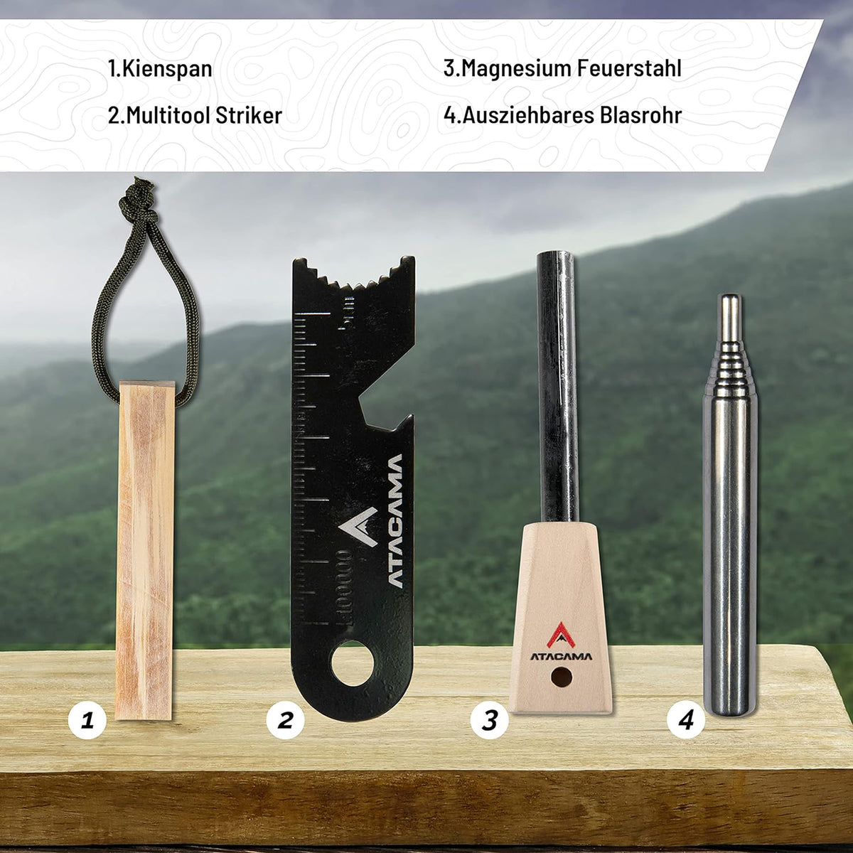 Feuerstahl Set - 7 tlg. - Wasserfest mit Kienspan, Multitool Striker, Magnesium Feuerstahl und ausziehbarem Blasrohr für Outdoor und Survival.