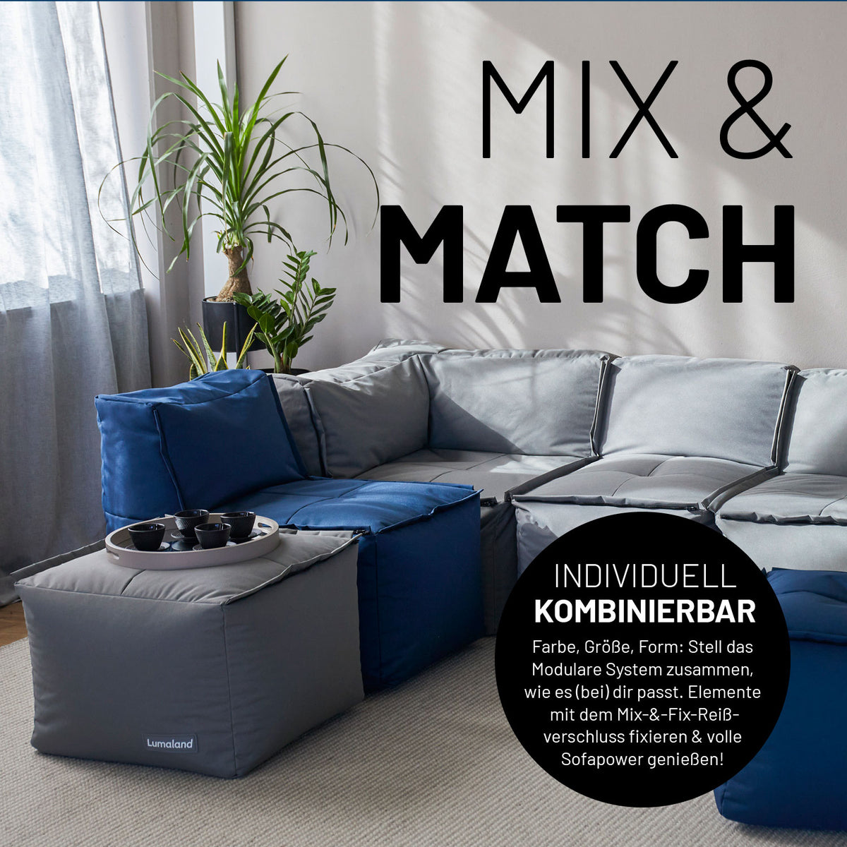 Sitzsack-Hocker (200 L) graues Modulares System mit Mix-&-Fix-Reißverschluss, vielseitig, indoor & outdoor, pflegeleicht und langlebig.