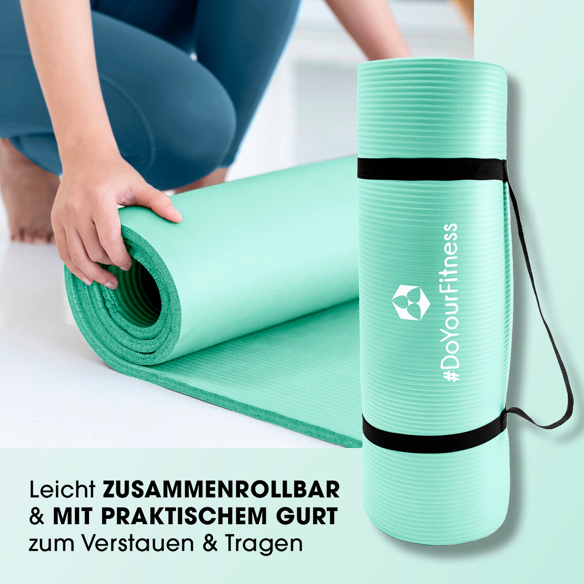 Fitness- und Gymnastikmatte - 183 x 61 x 1 cm - Türkis, rutschfest, leicht zusammenrollbar mit praktischem Tragegurt, ideal für Fitness und Yoga.