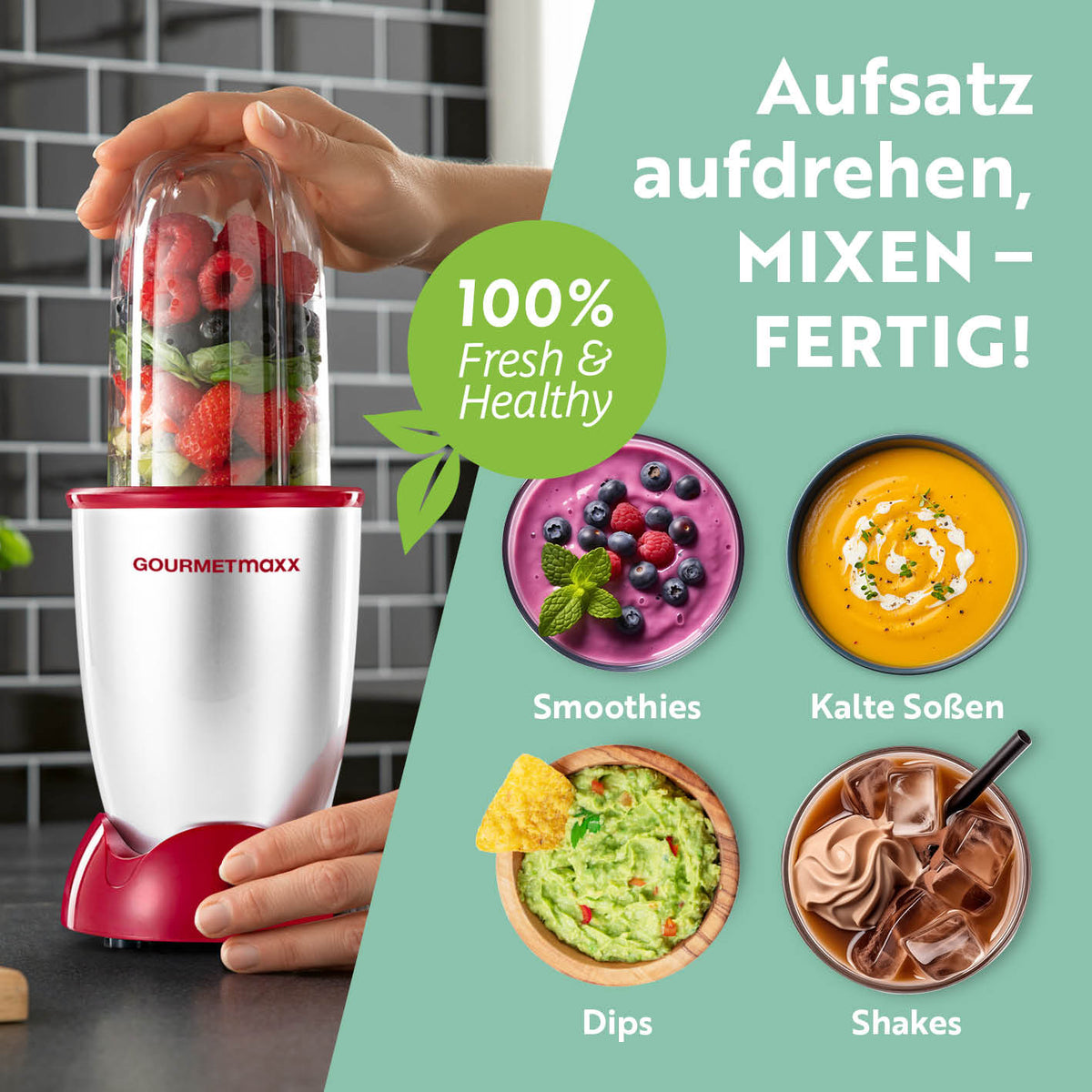 Mr. Magic Power 400 Pro mit Zubehörset XL - Silber/Rot zeigt den Mixer mit Früchten und fertigen Smoothies, Saucen, Dips und Shakes.