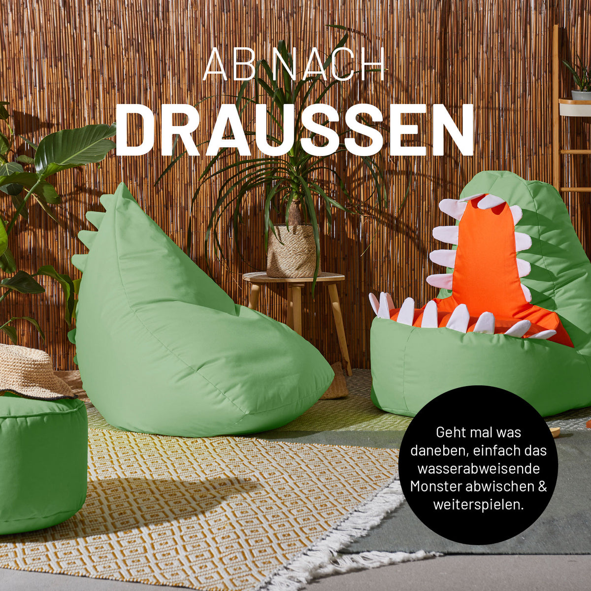 Kindersitzsack Animal Line Monster (180 L) Pastell Grün, wasserabweisend, weich, robust, ideal für drinnen und draußen.