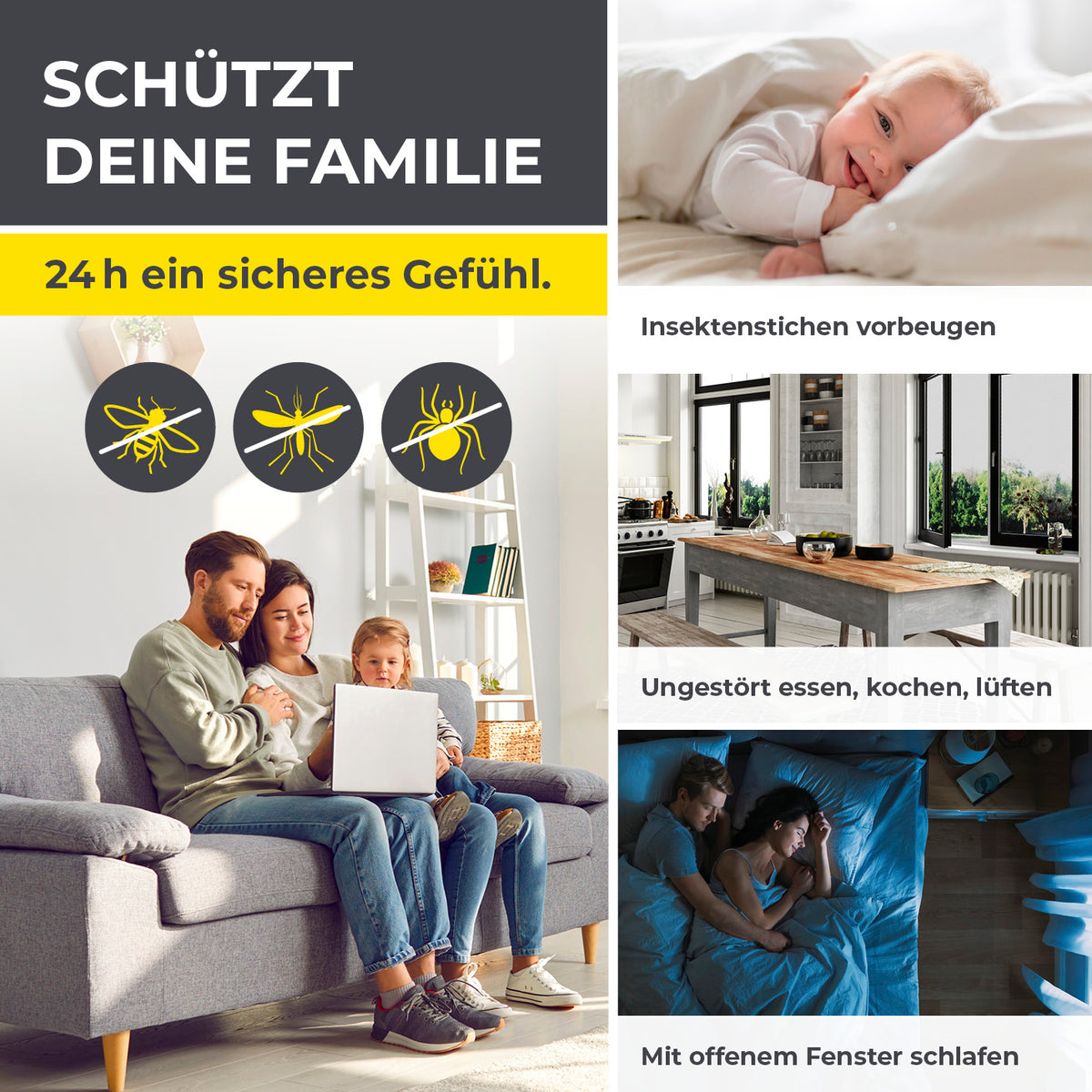 Moskitonetz für Fenster mit selbstklebendem Klettband 4er-Set in Schwarz schützt vor Insekten, einfache Montage und klare Sicht.