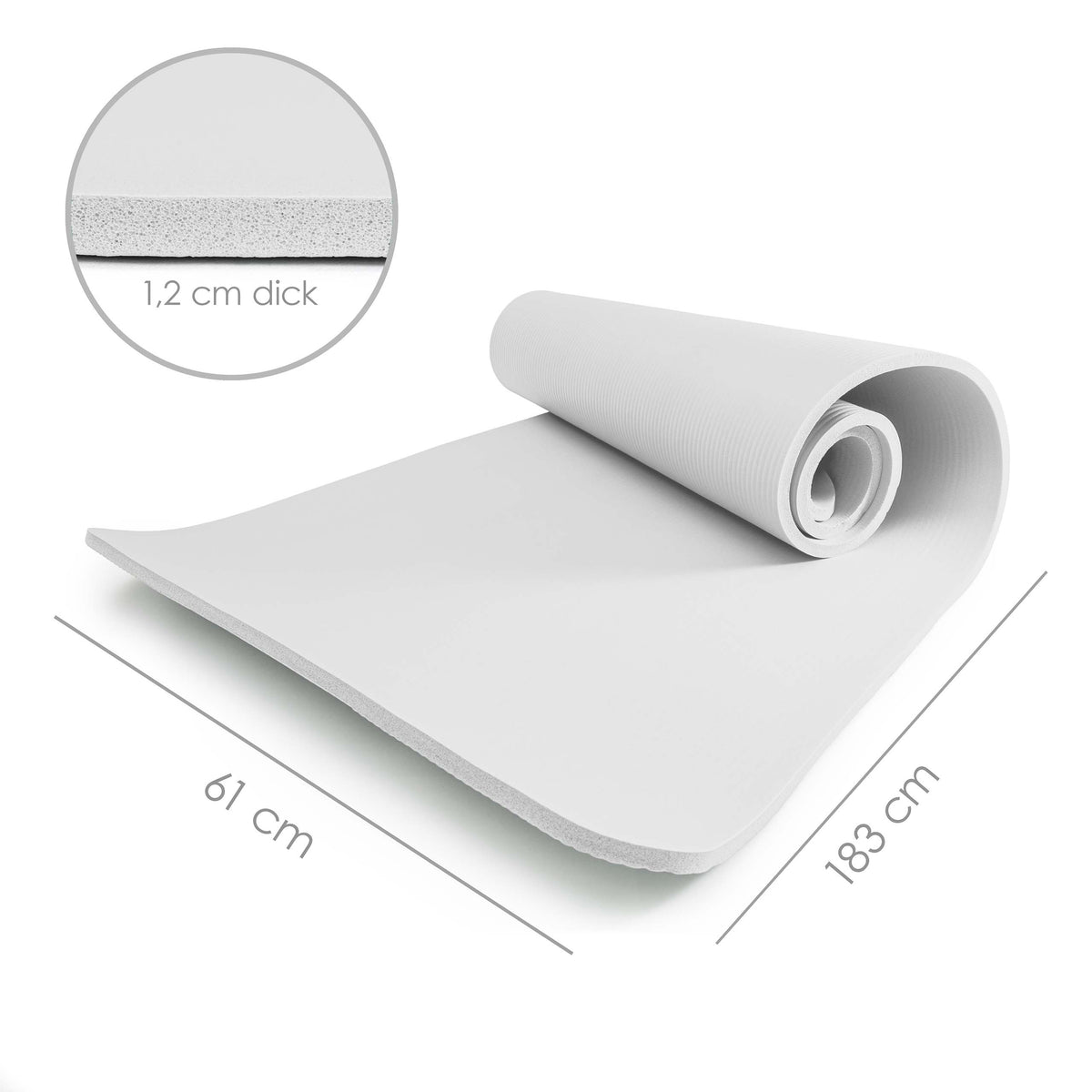 Fitness- & Gymnastikmatte - 183 x 61 x 1,2 cm - Weiß, rutschfest, robust, weich, platzsparend, ideal für Yoga und Gymnastik.