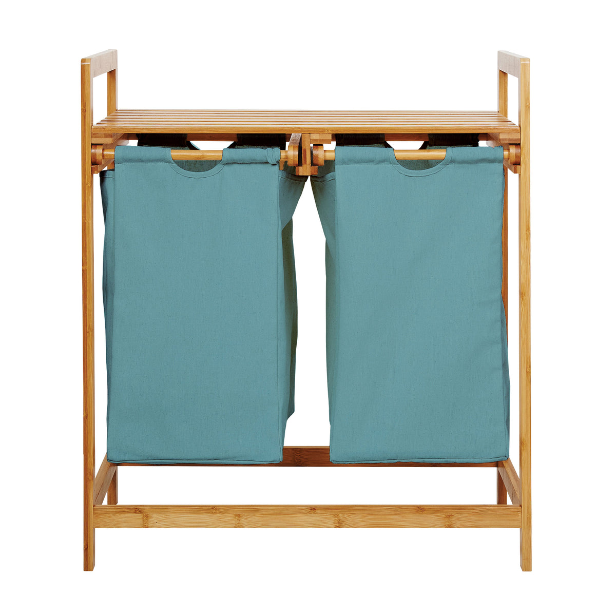 Bambus Wäschekorb mit 2 ausziehbaren Wäschesacken - 73 x 64 x 33 cm - Babyblau, langlebig, pflegeleicht, stilvoll und geräumig.