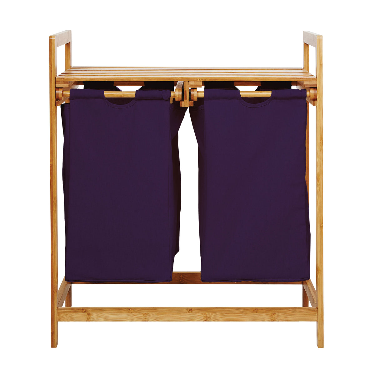 Bambus Wäschekorb mit 2 ausziehbaren lila Wäschesäcken, 73 x 64 x 33 cm, stilvoll und platzsparend für Haushalt und Bad.