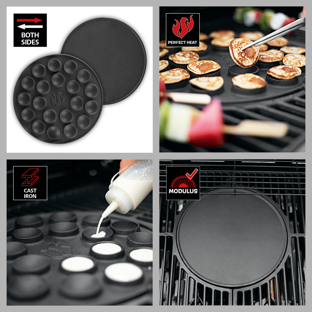 Wendeplatte Modulus - 30 x 39 cm aus schwarzem emailliertem Gusseisen, beidseitig für Poffertjes und Crèpes geeignet, optimale Hitzeverteilung.