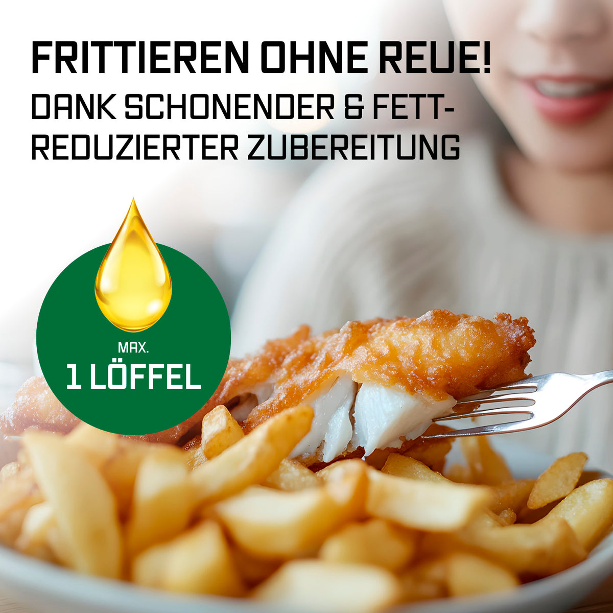 Heißluftfritteuse - 5 Liter zeigt fettarmes Frittieren mit nur einem Löffel Öl für knusprige Pommes und Fischgerichte.