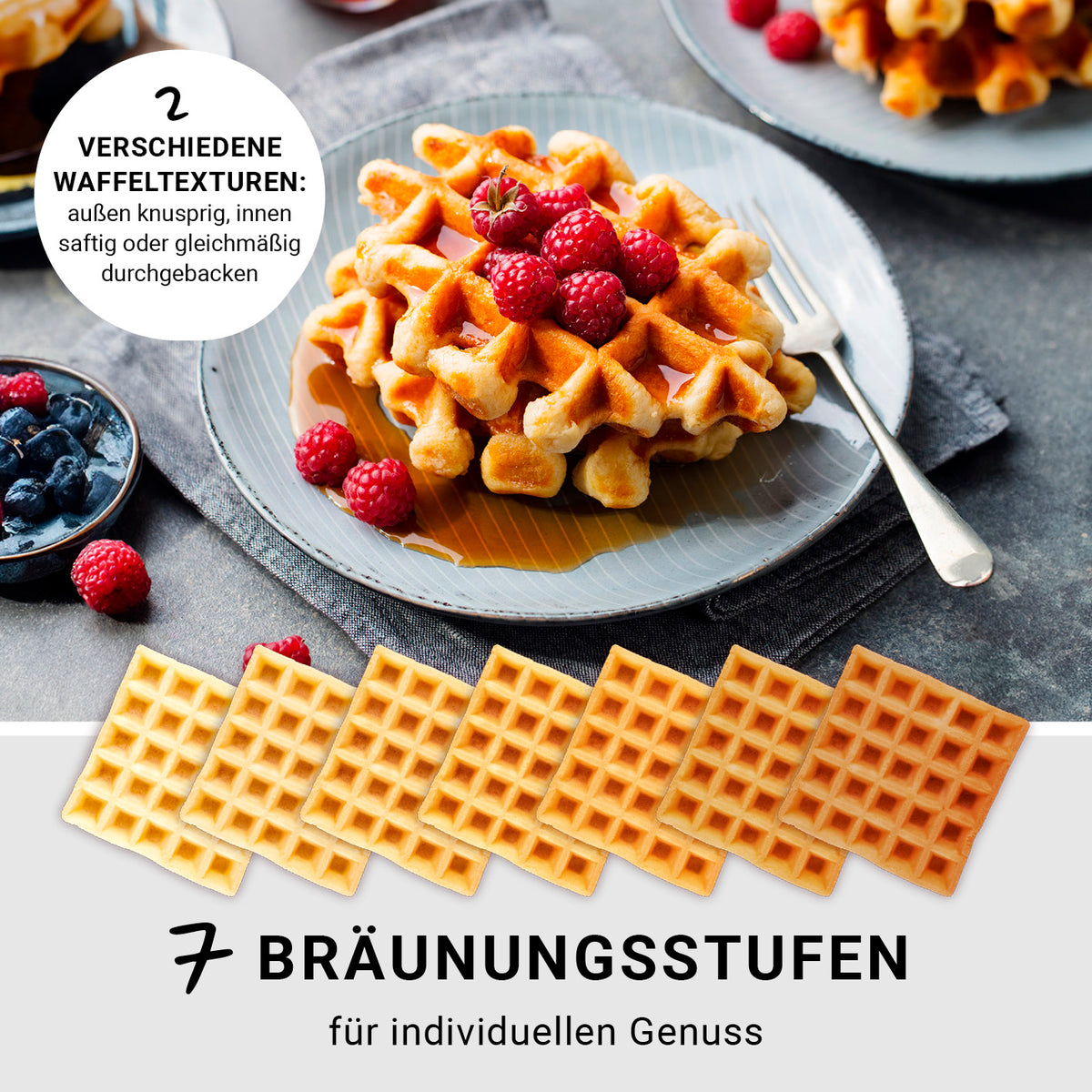Premium-Waffeleisen mit 7 Bräunungsstufen und 2 Waffeltexturen für perfekte, fluffige Waffeln mit individuellem Geschmack.